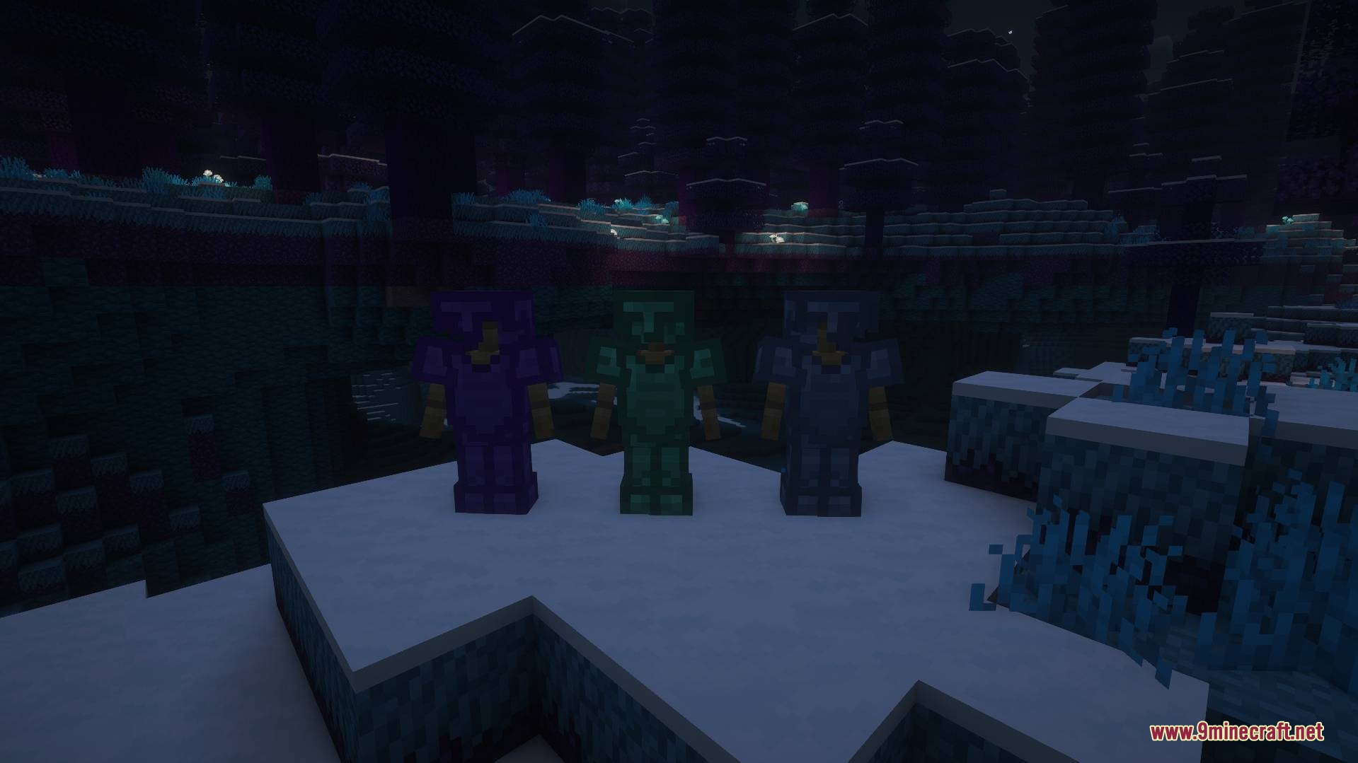 Three sets of powerful craftable armor from the Boreal dimension on armor stands