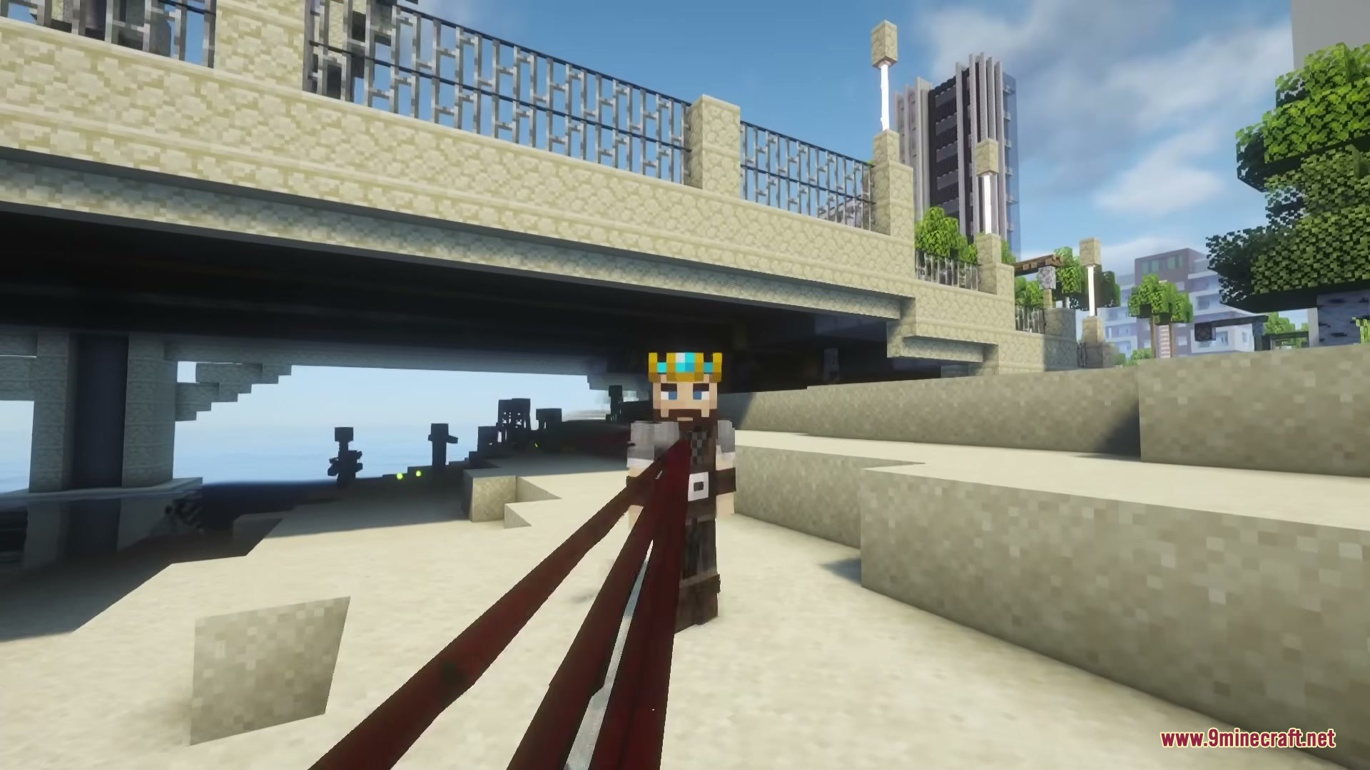 The Boys Unbalanced Mod Screenshot 1 Crowned Minecraft character fires red laser beams from eyes under a bridge