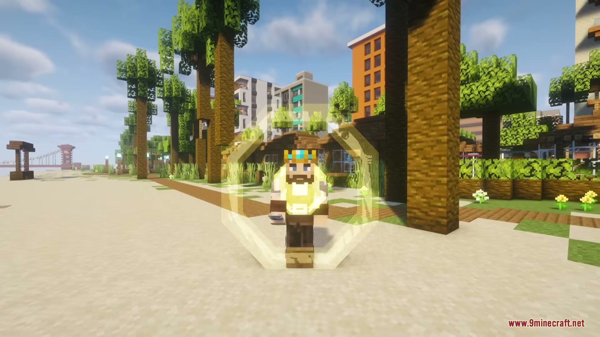 The Boys Unbalanced Mod Screenshot 10 Minecraft character activating a golden circular energy shield on a beach