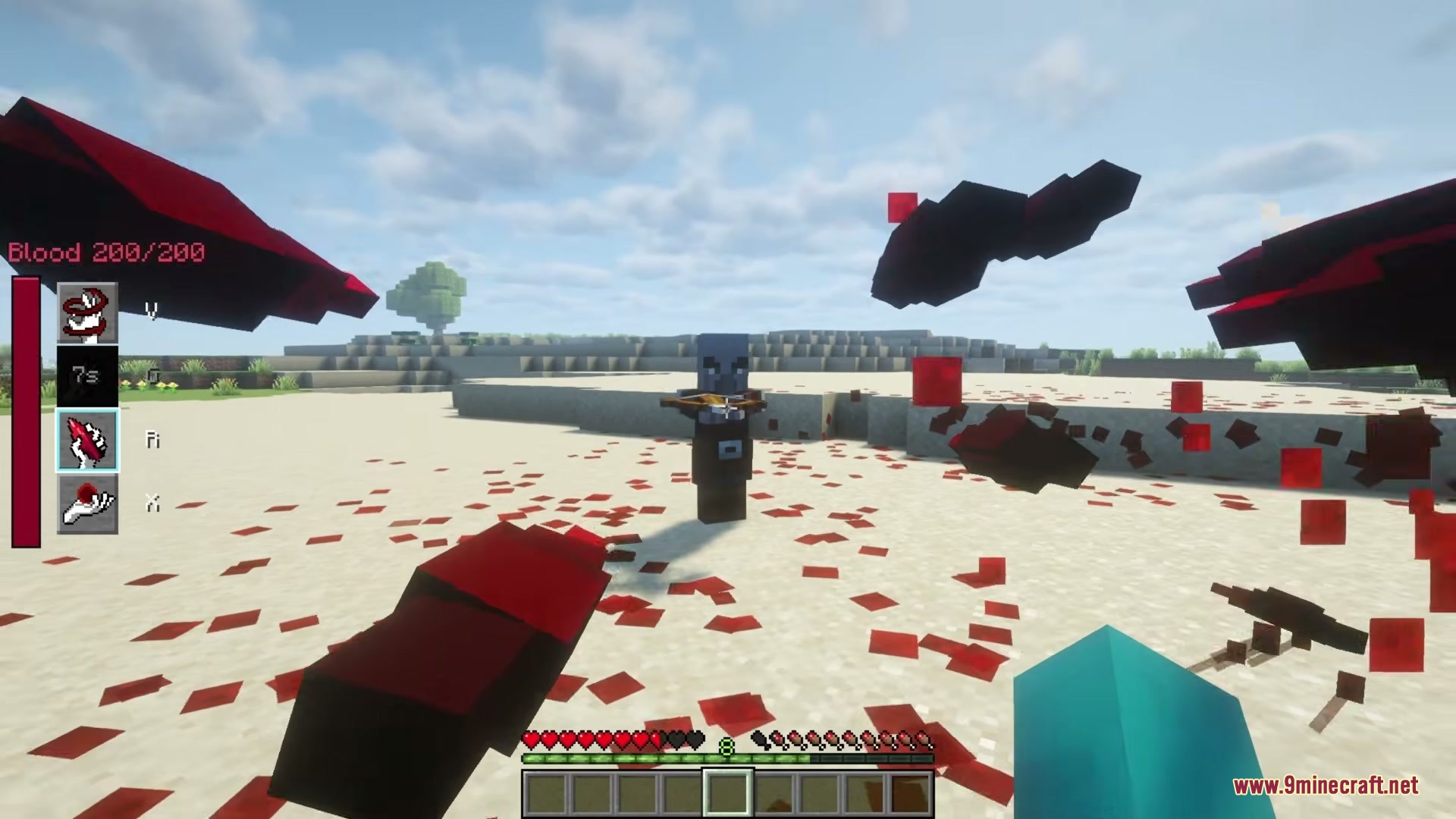 The Boys Unbalanced Mod Screenshot 18 Player launches massive blood attacks at a pillager in a desert biome