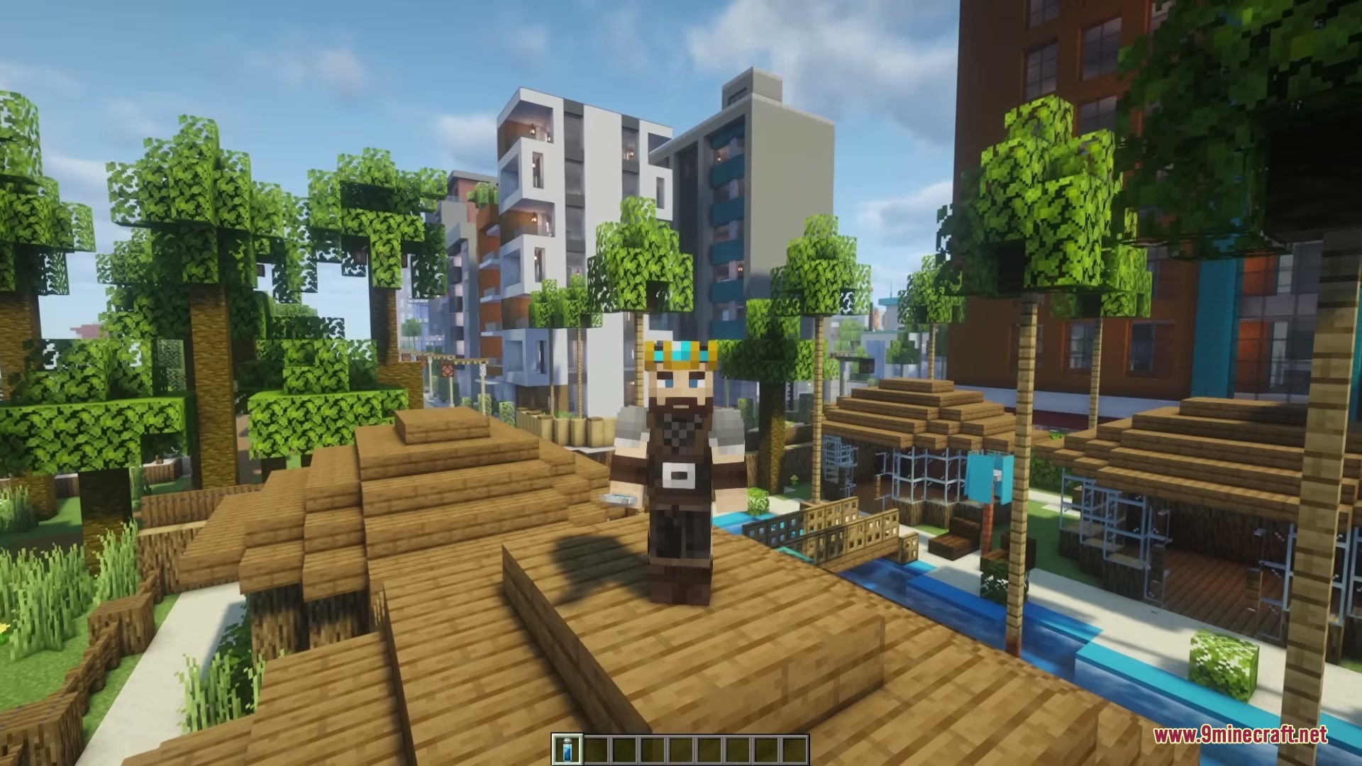 The Boys Unbalanced Mod Screenshot 3 Crowned character stands on a wooden roof overlooking a modern Minecraft city
