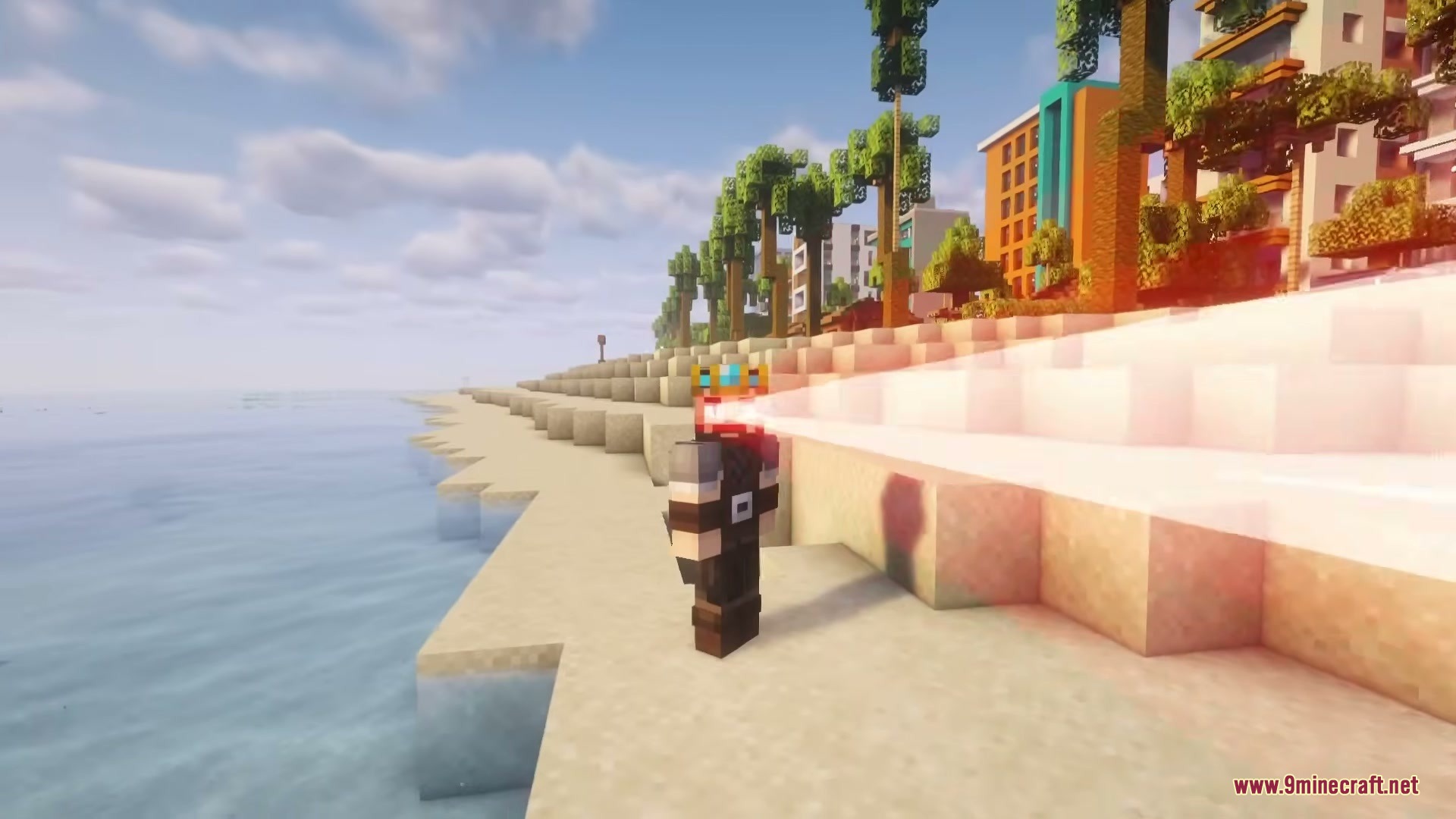 The Boys Unbalanced Mod Screenshot 4 Minecraft character shoots red laser beams from eyes on a sandy beach