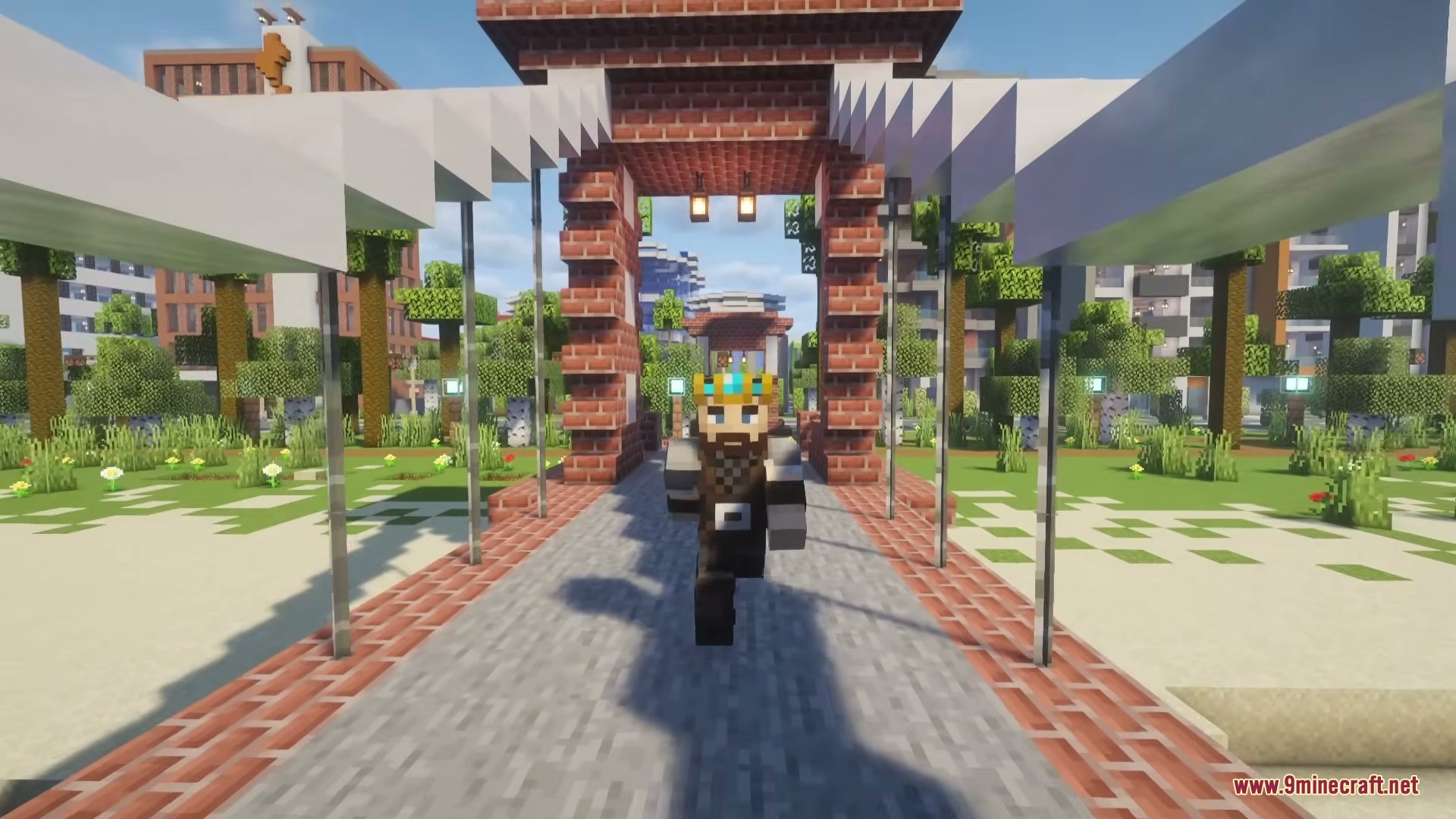 The Boys Unbalanced Mod Screenshot 5 Crowned Minecraft character walking through a brick archway on a sunny path