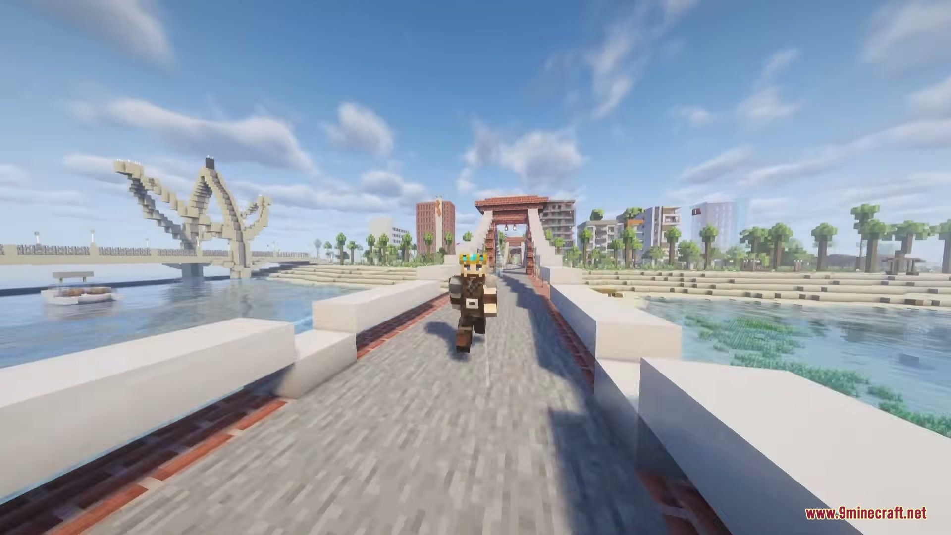 The Boys Unbalanced Mod Screenshot 6 Crowned player running across a stone bridge toward a modern city skyline
