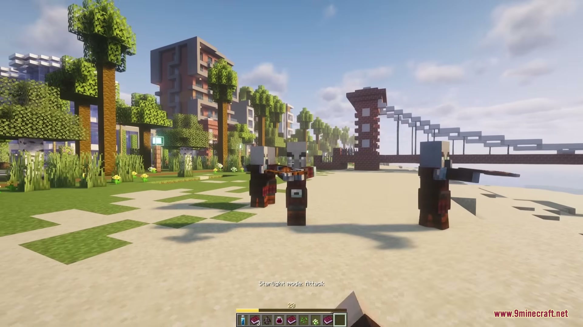 The Boys Unbalanced Mod Screenshot 7 Three pillagers with crossbows stand on a beach near a city