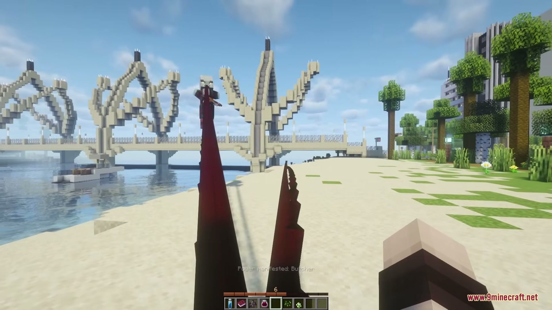 The Boys Unbalanced Mod Screenshot 8 Player uses red claws to attack on a beach near a bridge