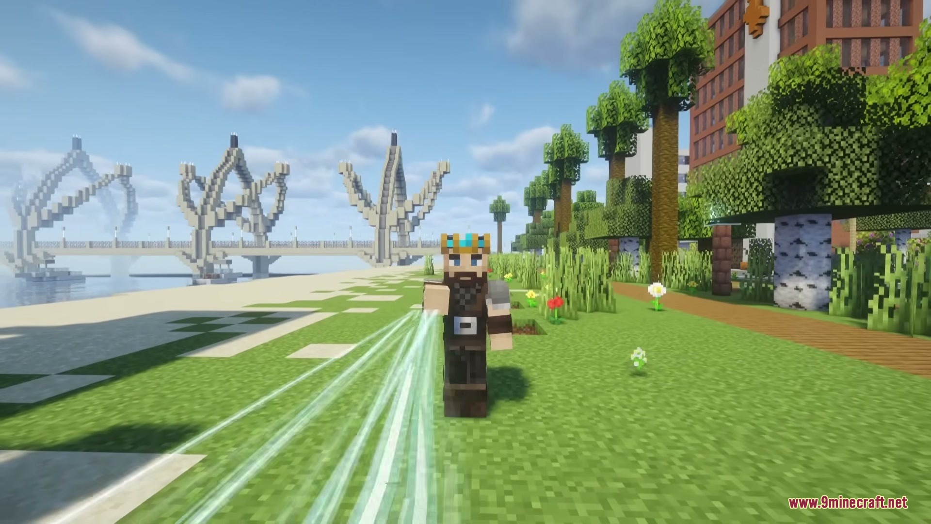 The Boys Unbalanced Mod Screenshot 9 Minecraft character with a crown releasing blue energy streaks in a park
