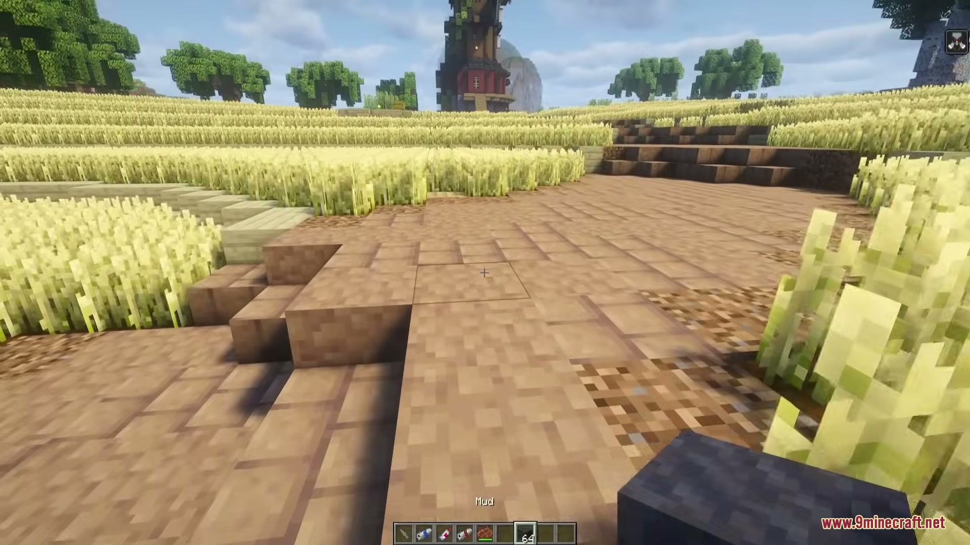 Player exploring a farm area with mud blocks placed on the ground