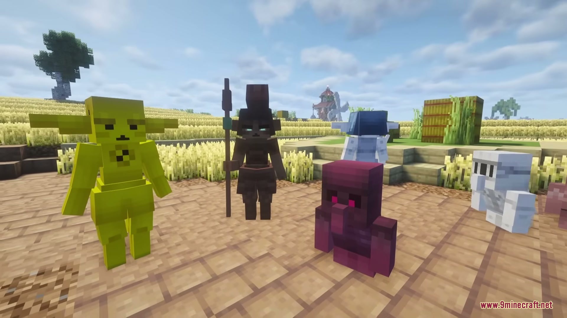 Various clay golems and terracotta dolls standing on a stone path