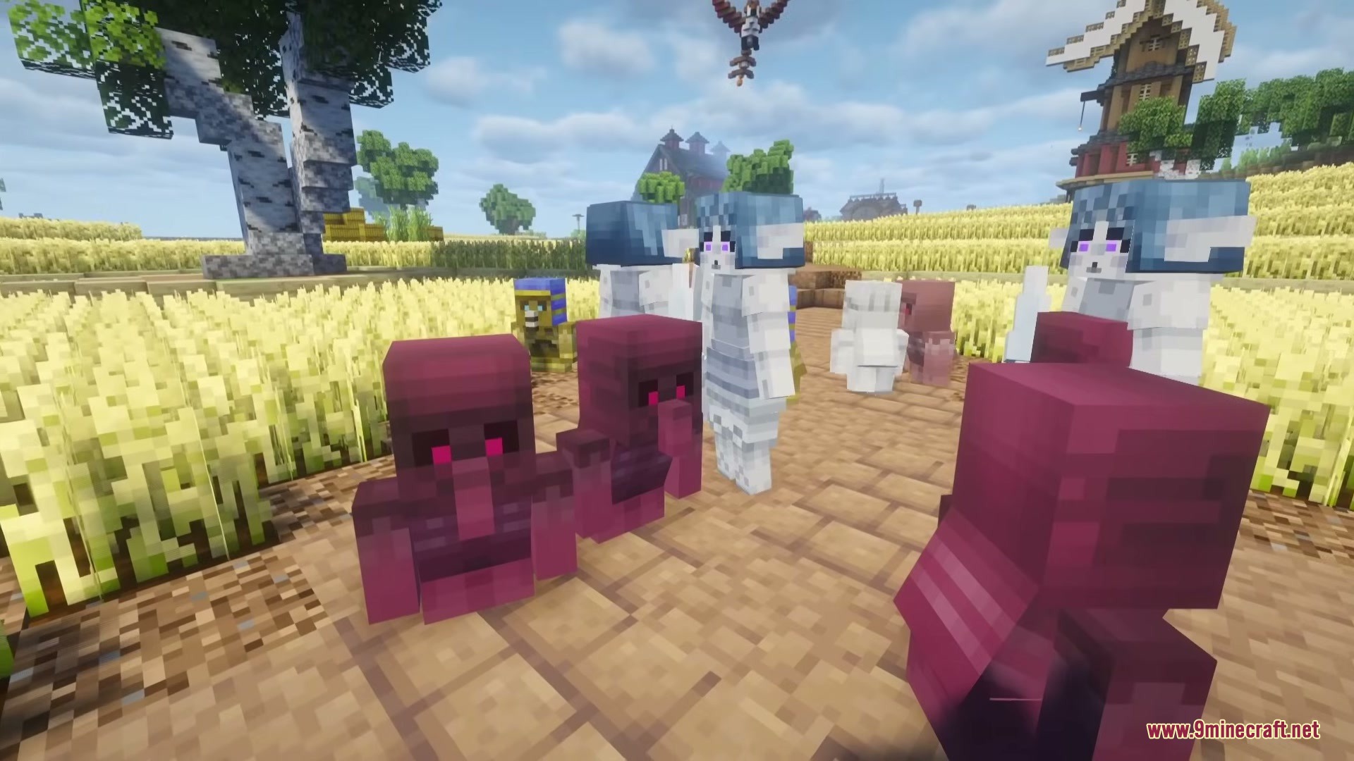 Purple clay golems and blue porcelain dolls standing in a wheat field