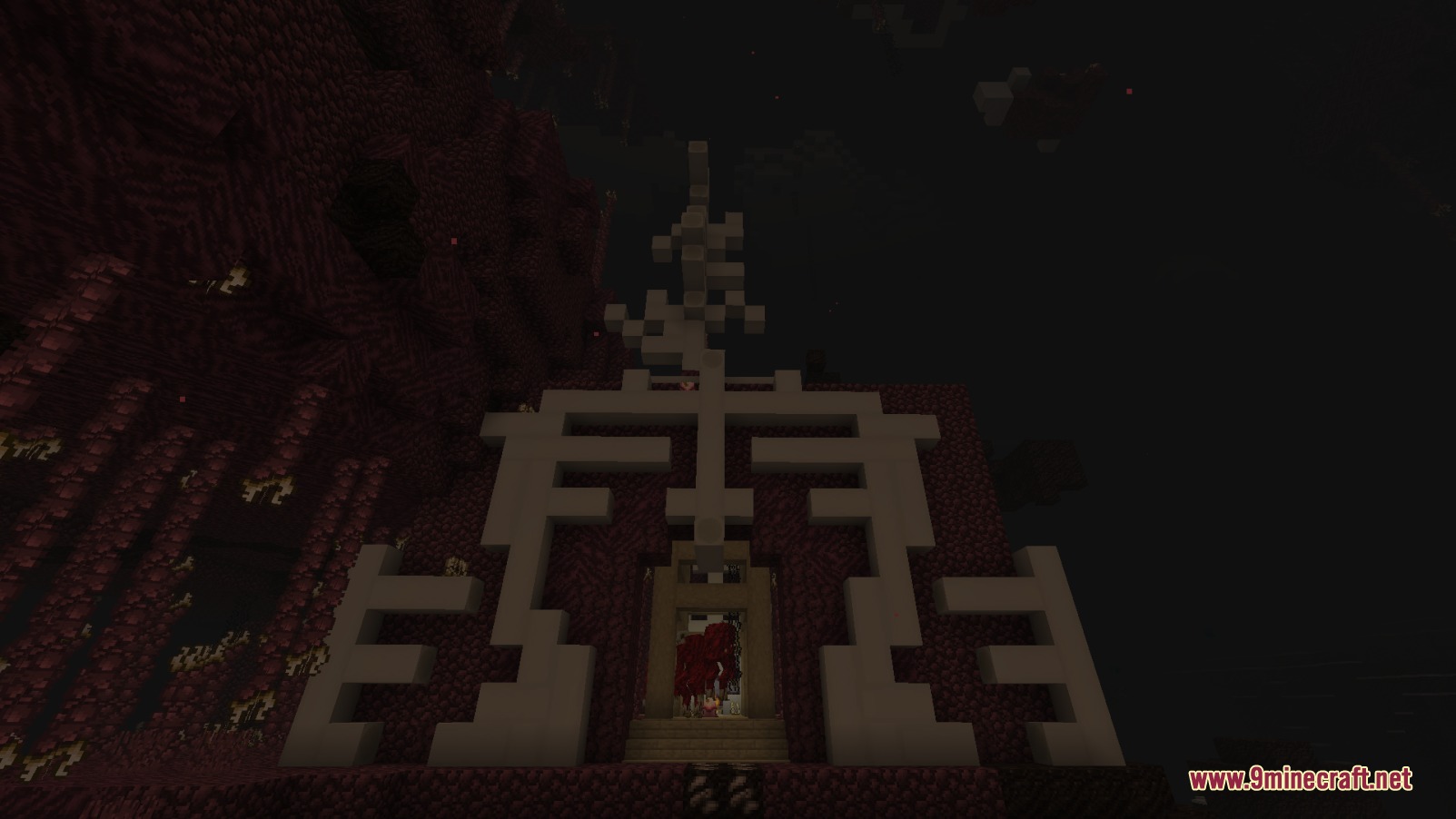 A mysterious white temple gate built inside a dark red nether cavern