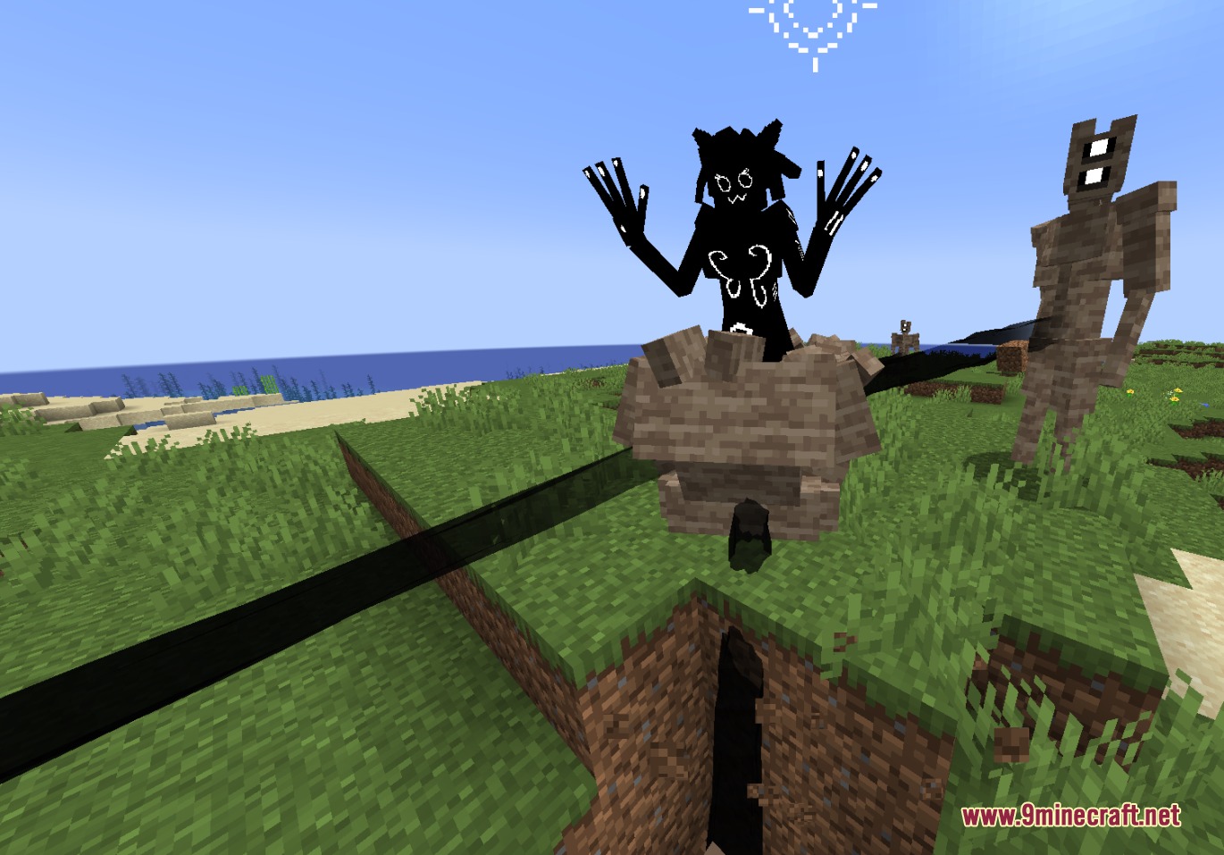 A black shadowy creature with white markings stands in a green plains biome