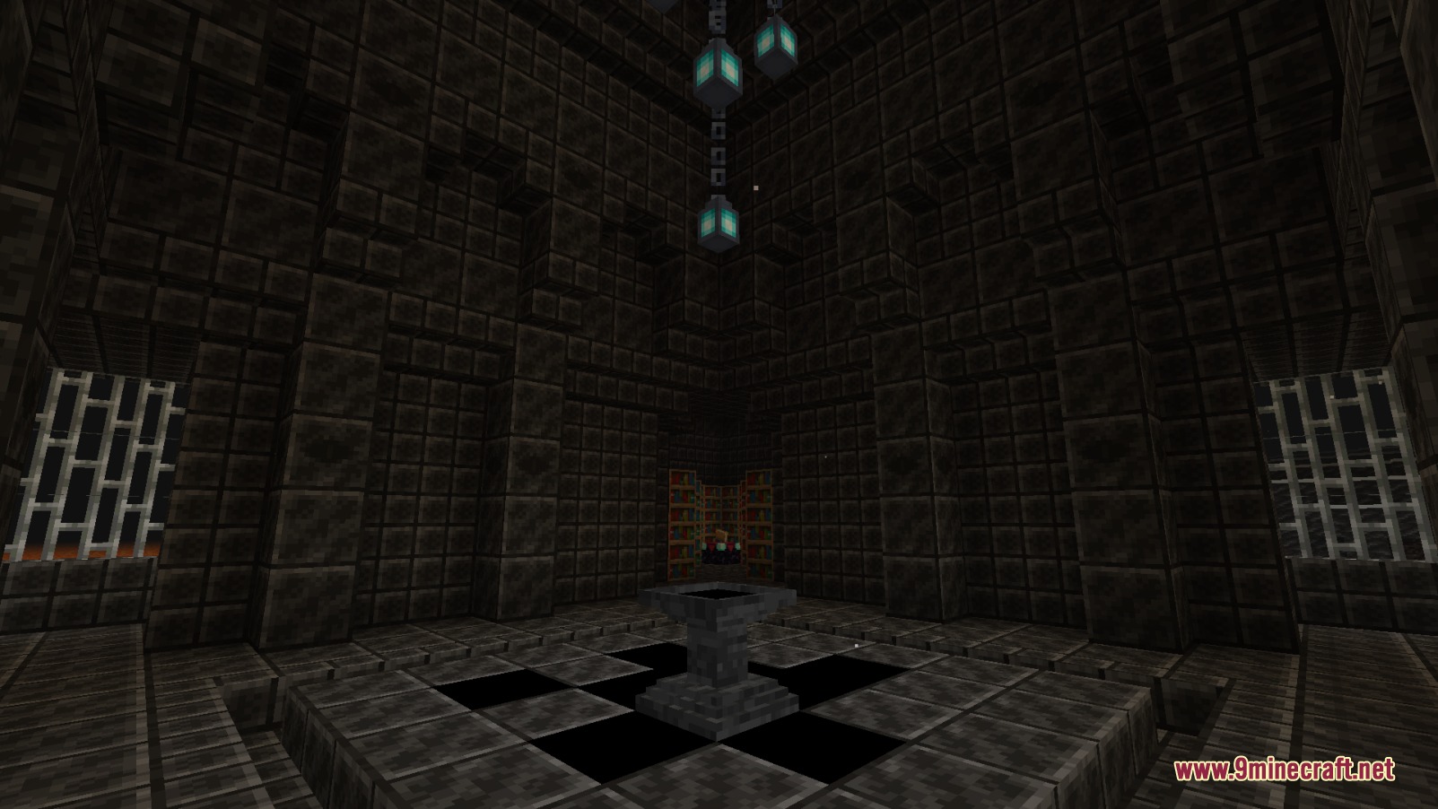 Dark stone chamber with a central altar and hanging blue soul lanterns