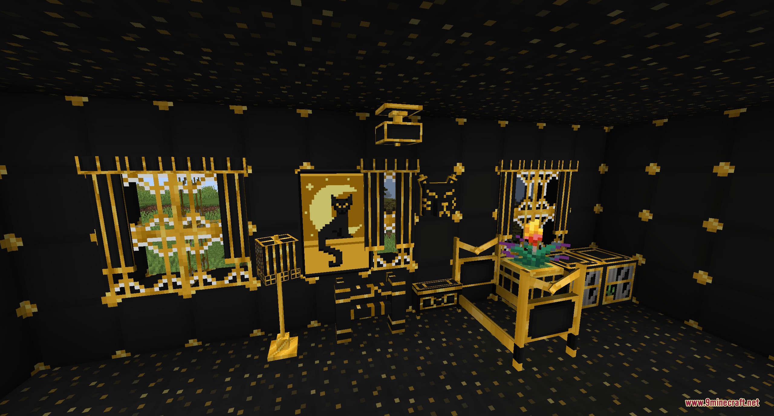 The Emporium Furniture Mod Screenshot 1 A dark Minecraft room filled with elegant black and gold cat furniture
