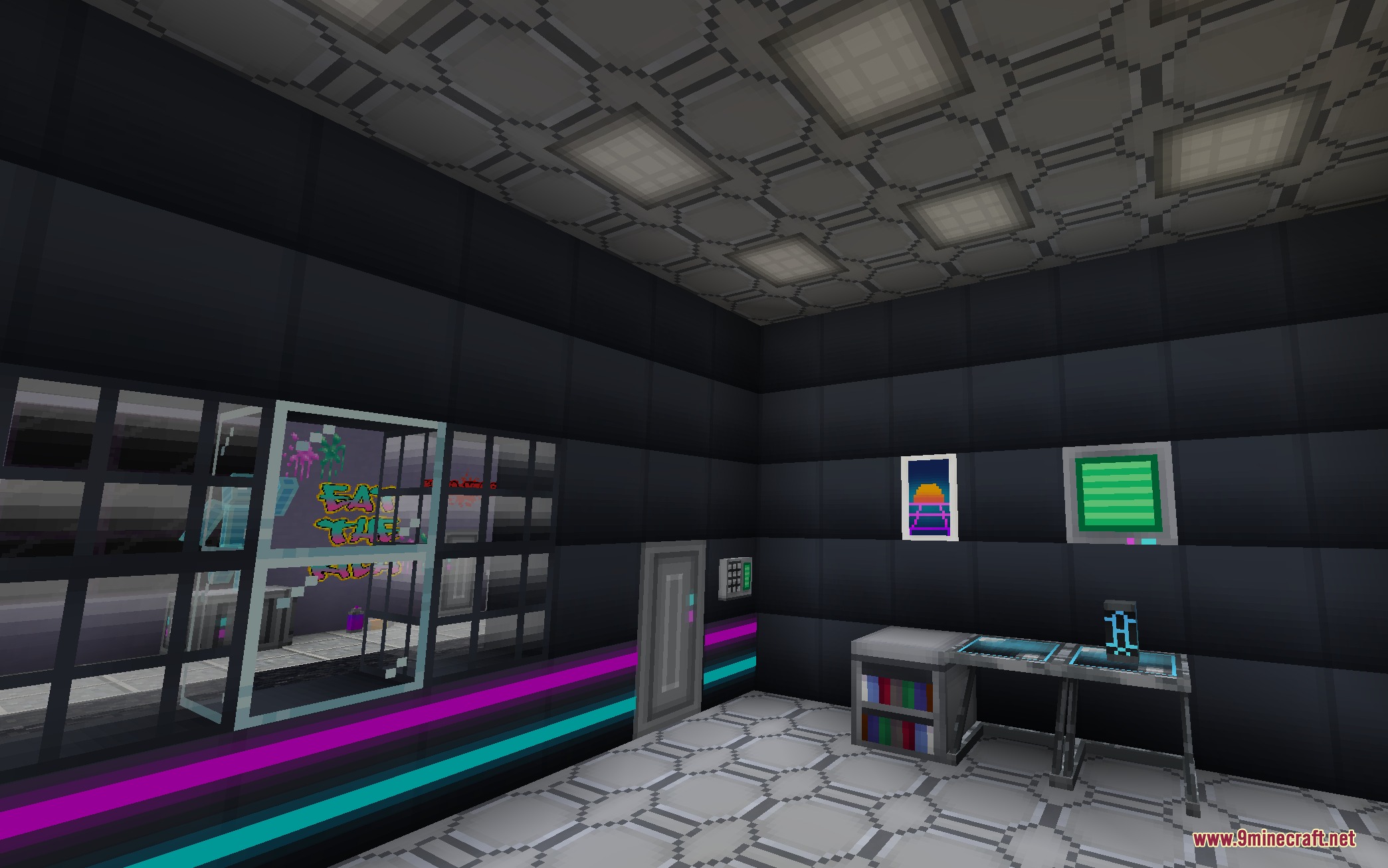 The Emporium Furniture Mod Screenshot 2 A futuristic room with neon stripes and high tech cyber furniture pieces