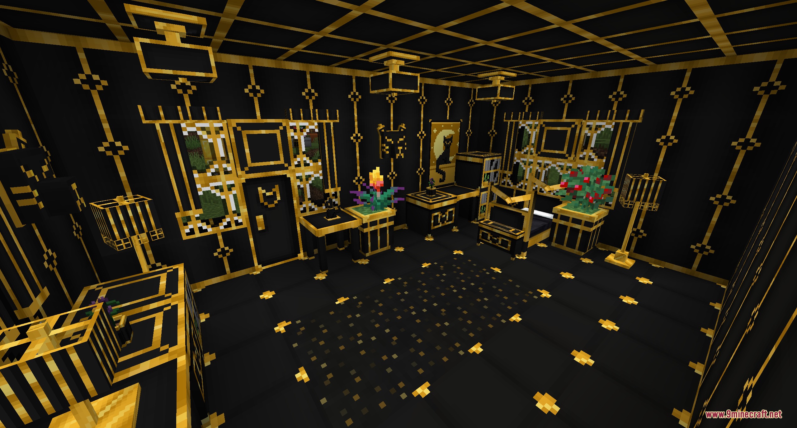 The Emporium Furniture Mod Screenshot 3 Elegant black and gold furniture set with feline decorations in a room