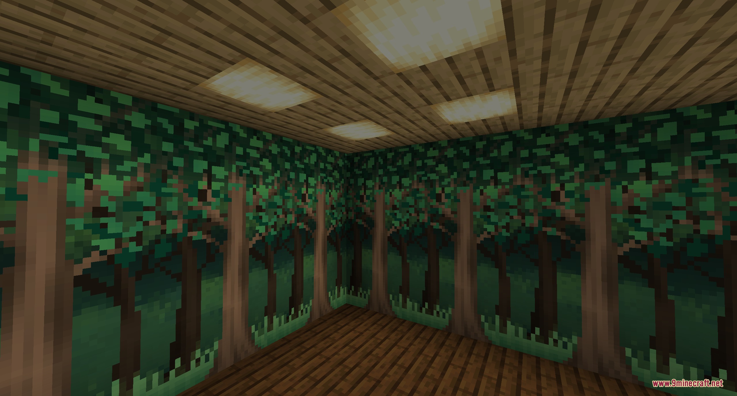 The Emporium Furniture Mod Screenshot 5 A large repeating forest mural decorates the walls of a wooden room