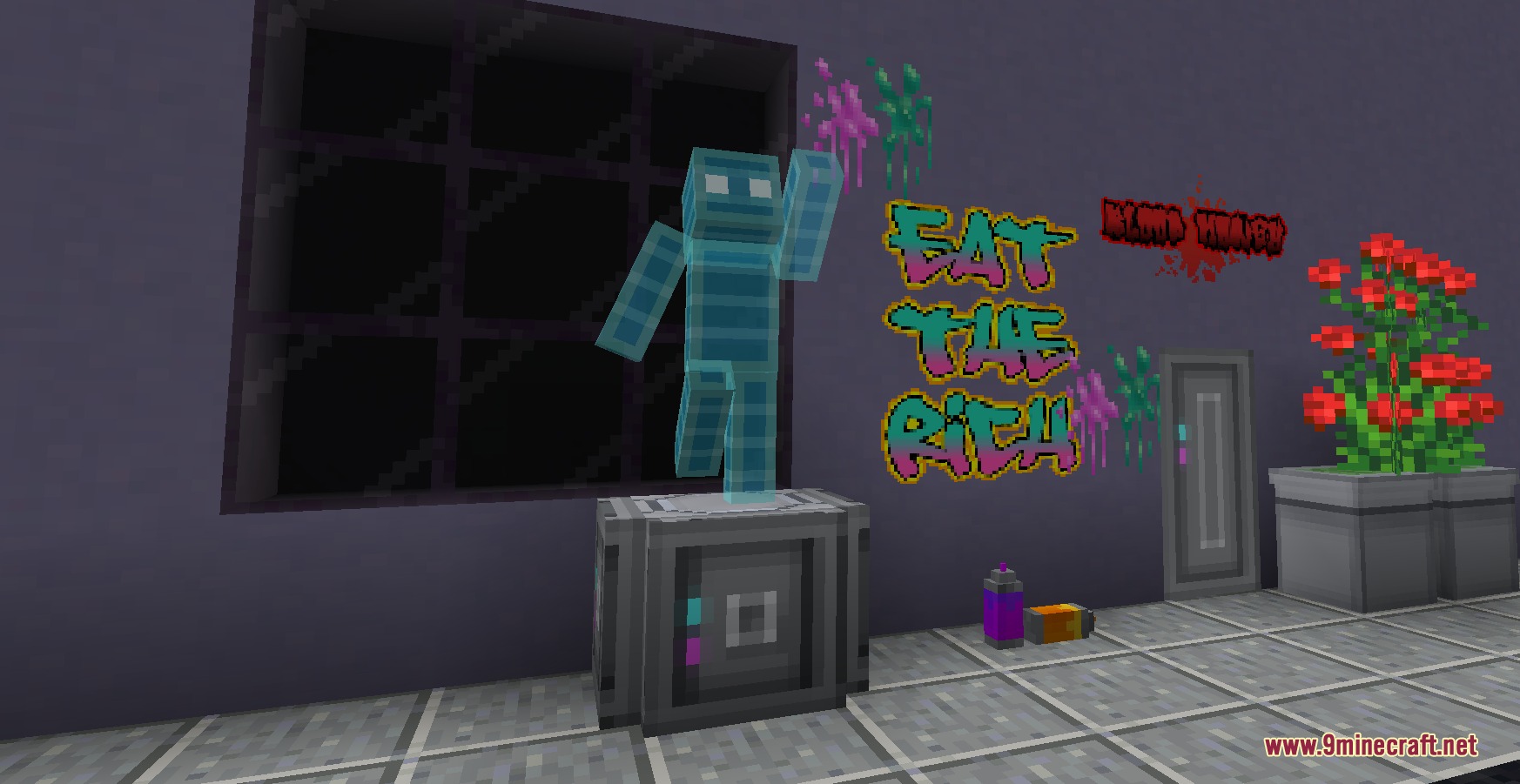The Emporium Furniture Mod Screenshot 6 A blue holographic figure stands on a futuristic block near wall graffiti