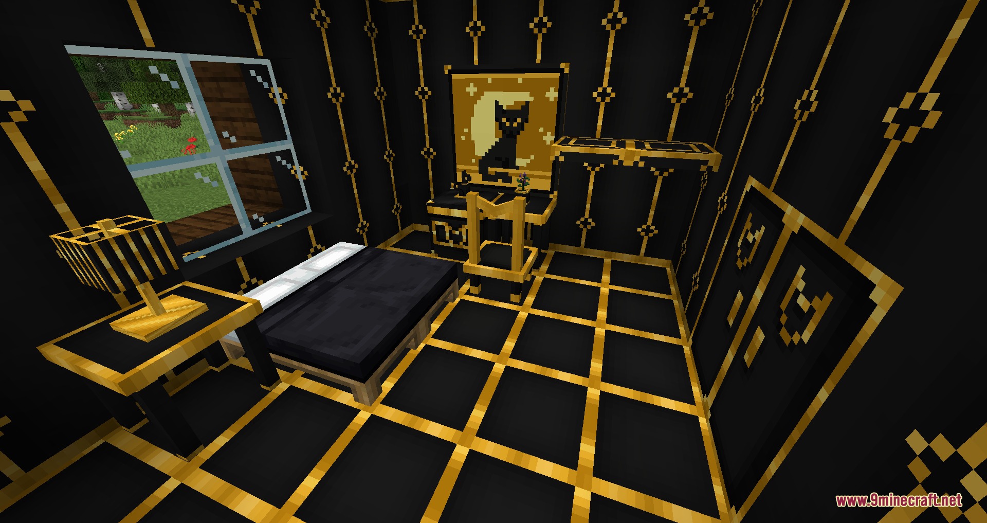 The Emporium Furniture Mod Screenshot 7 Elegant black and gold bedroom featuring feline inspired furniture and a cat painting