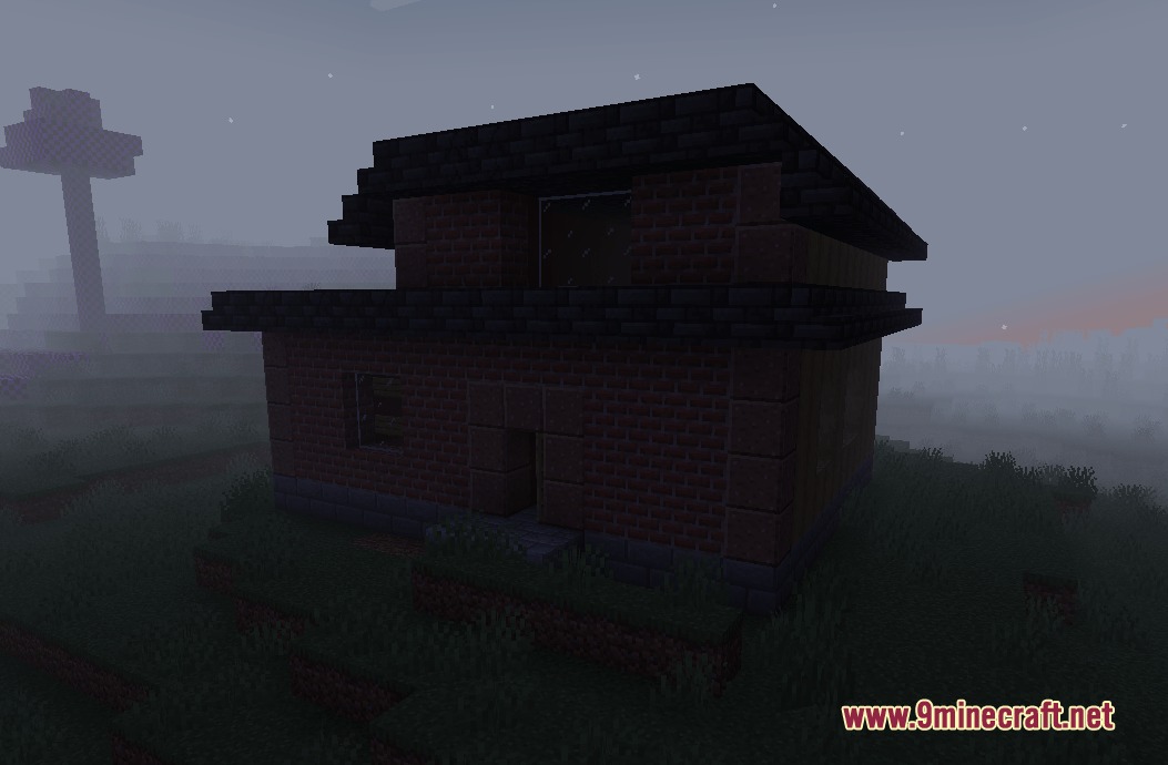 The Fenestra Tapes Mod Screenshot 1 A mysterious brick house from the Fenestra Tapes mod in the fog