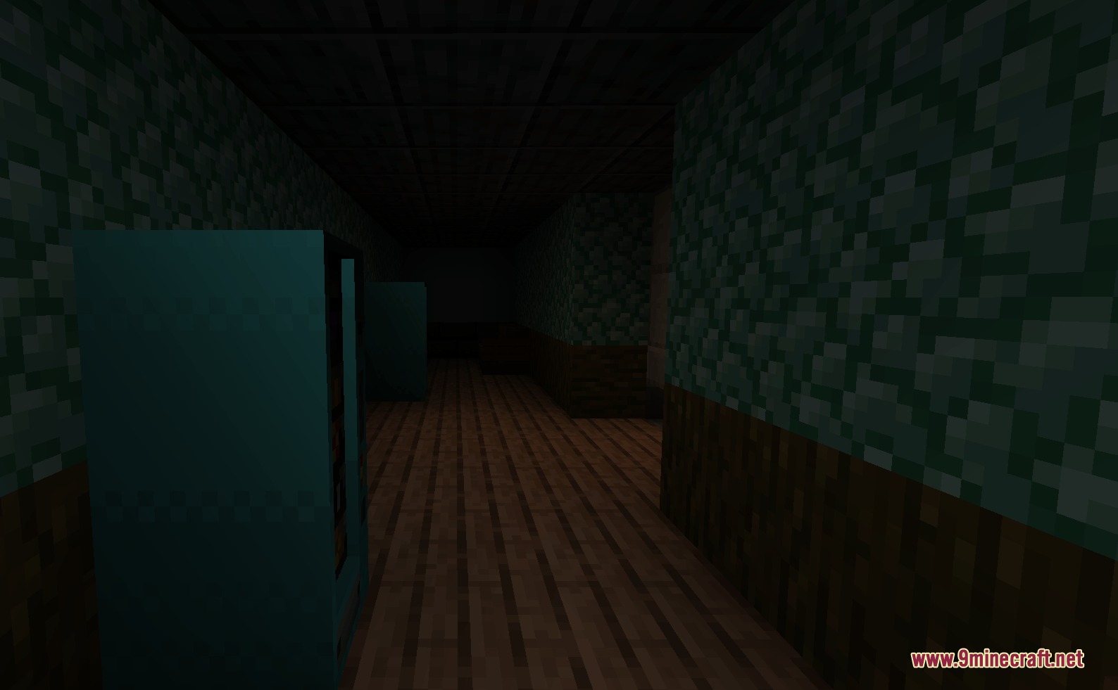The Fenestra Tapes Mod Screenshot 2 A dark hallway inside a mysterious building with wooden floors and teal lockers