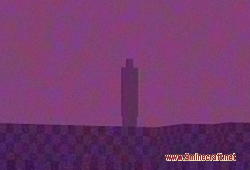 The Fenestra Tapes Mod Screenshot 3 The Visitor stalker stands in a purple checkered landscape under a hazy sky