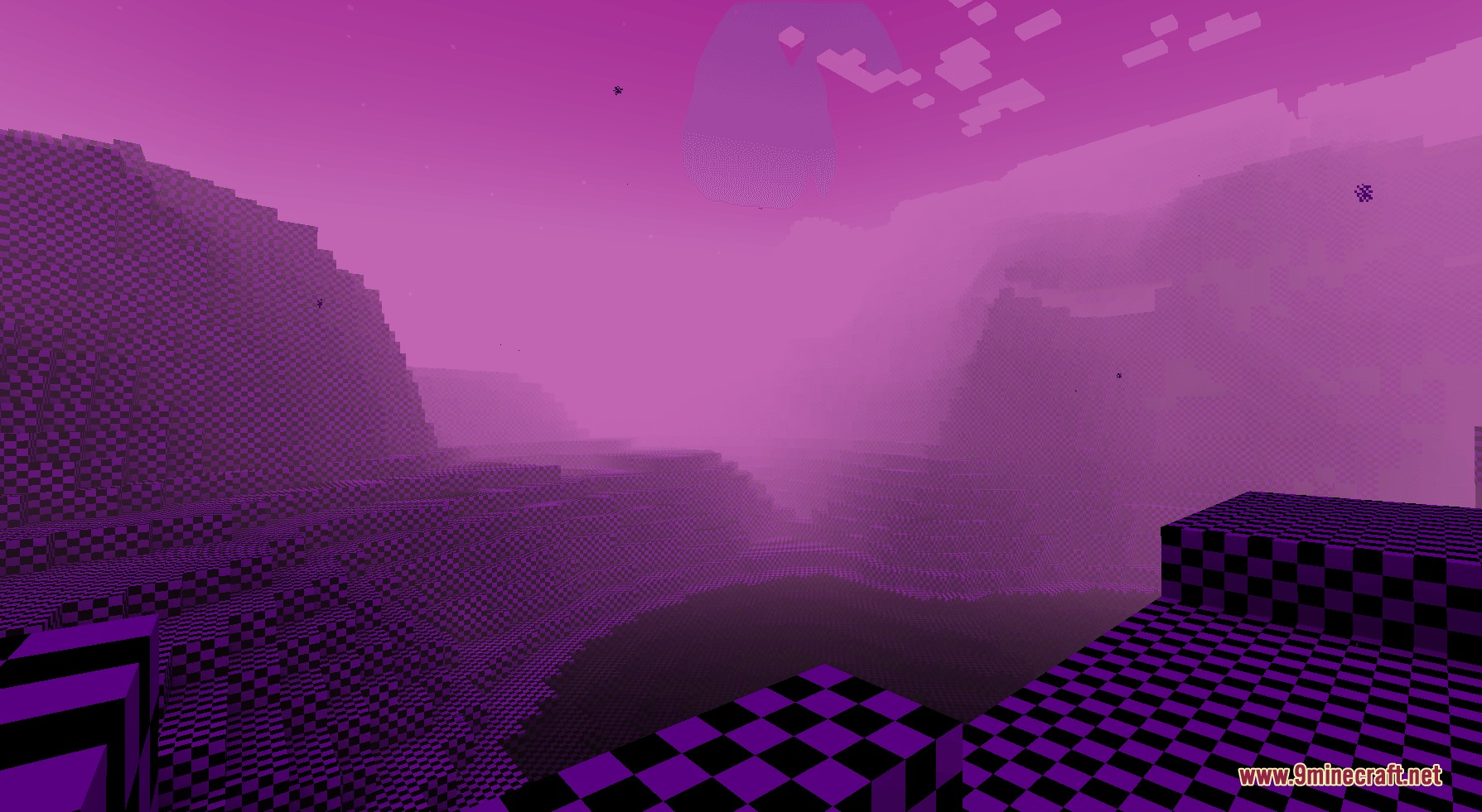 The Fenestra Tapes Mod Screenshot 4 A vast purple biome with checkered textures and hills under a pinkish sky