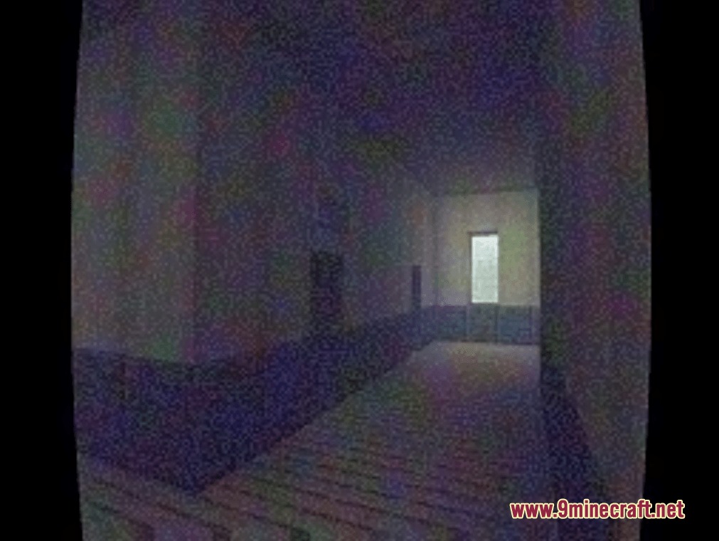 The Fenestra Tapes Mod Screenshot 7 Dark and grainy hallway inside an abandoned building with a window at the end