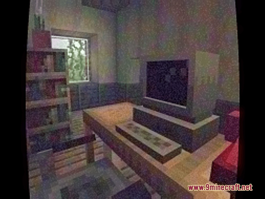 The Fenestra Tapes Mod Screenshot 8 Grainy interior of a room with a computer desk and a wooden bookshelf