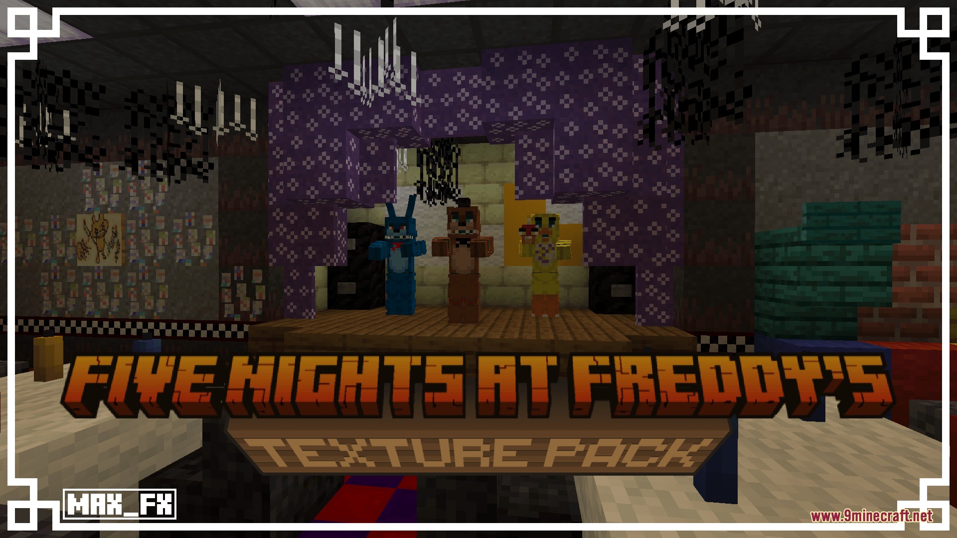 Three animatronic characters stand on a stage in the Five Nights at Freddys pack