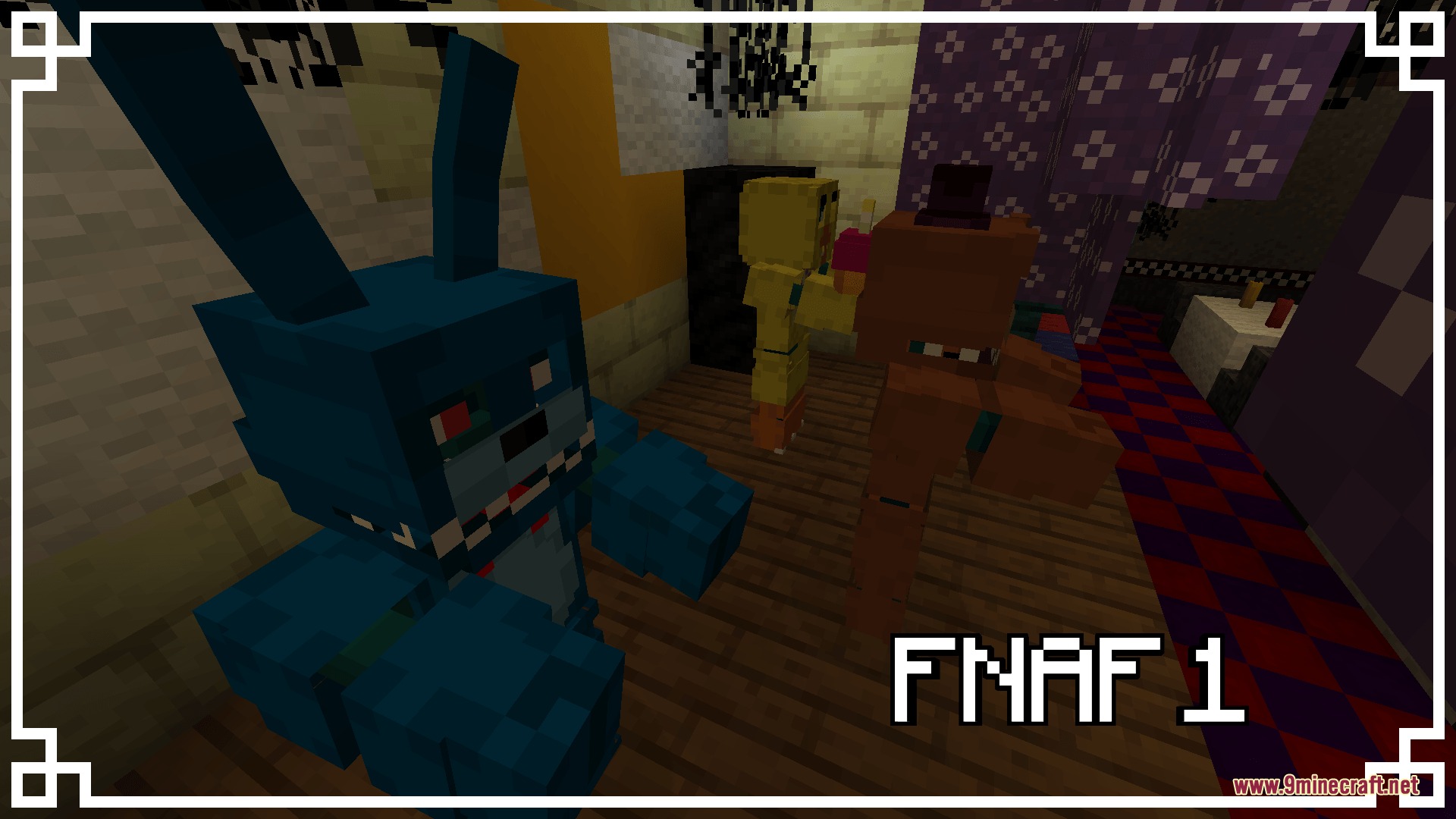 A blue animatronic rabbit stands near other robots inside a blocky haunted restaurant
