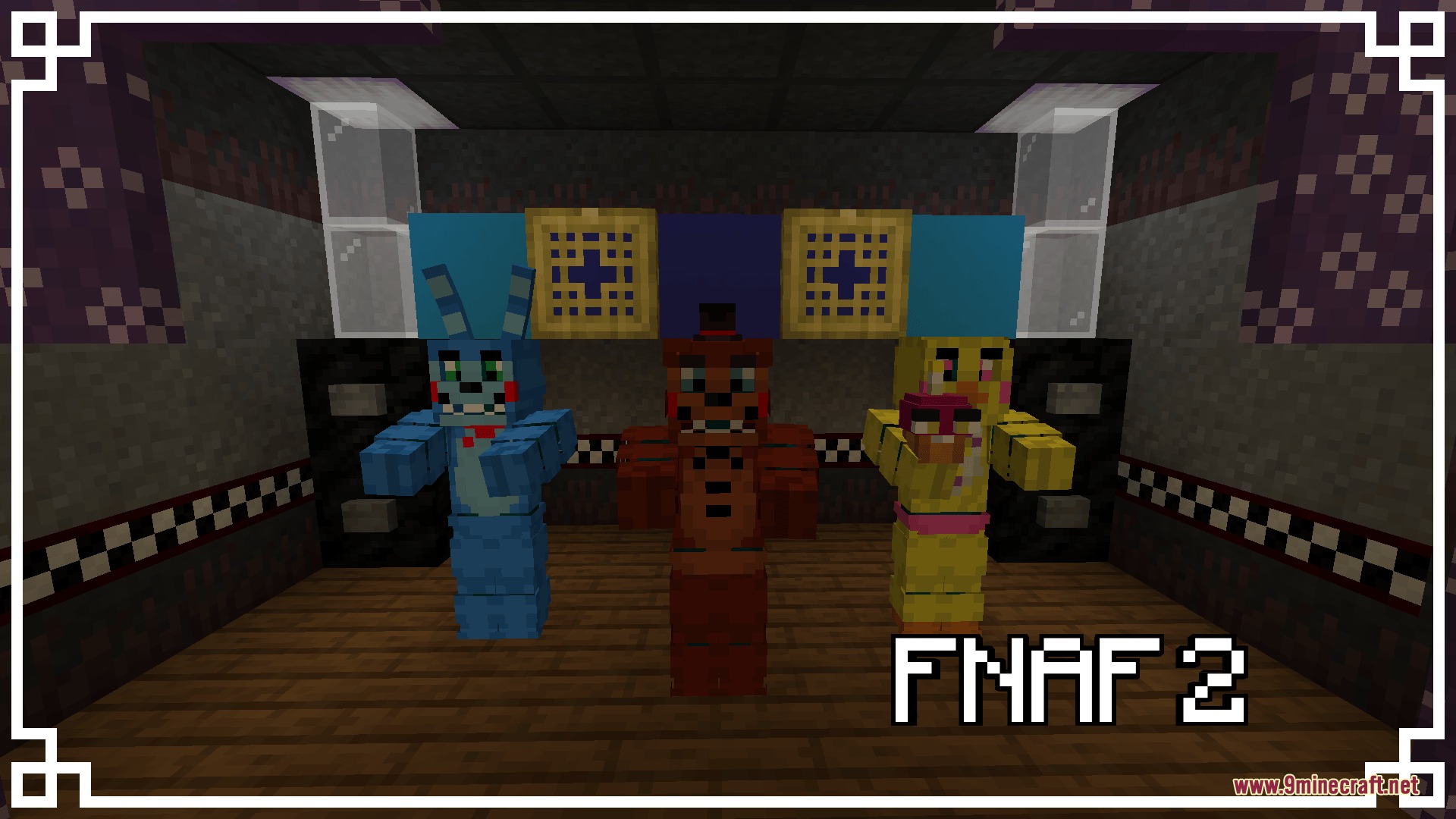 Three toy animatronic characters standing on a stage in a Minecraft pizzeria room