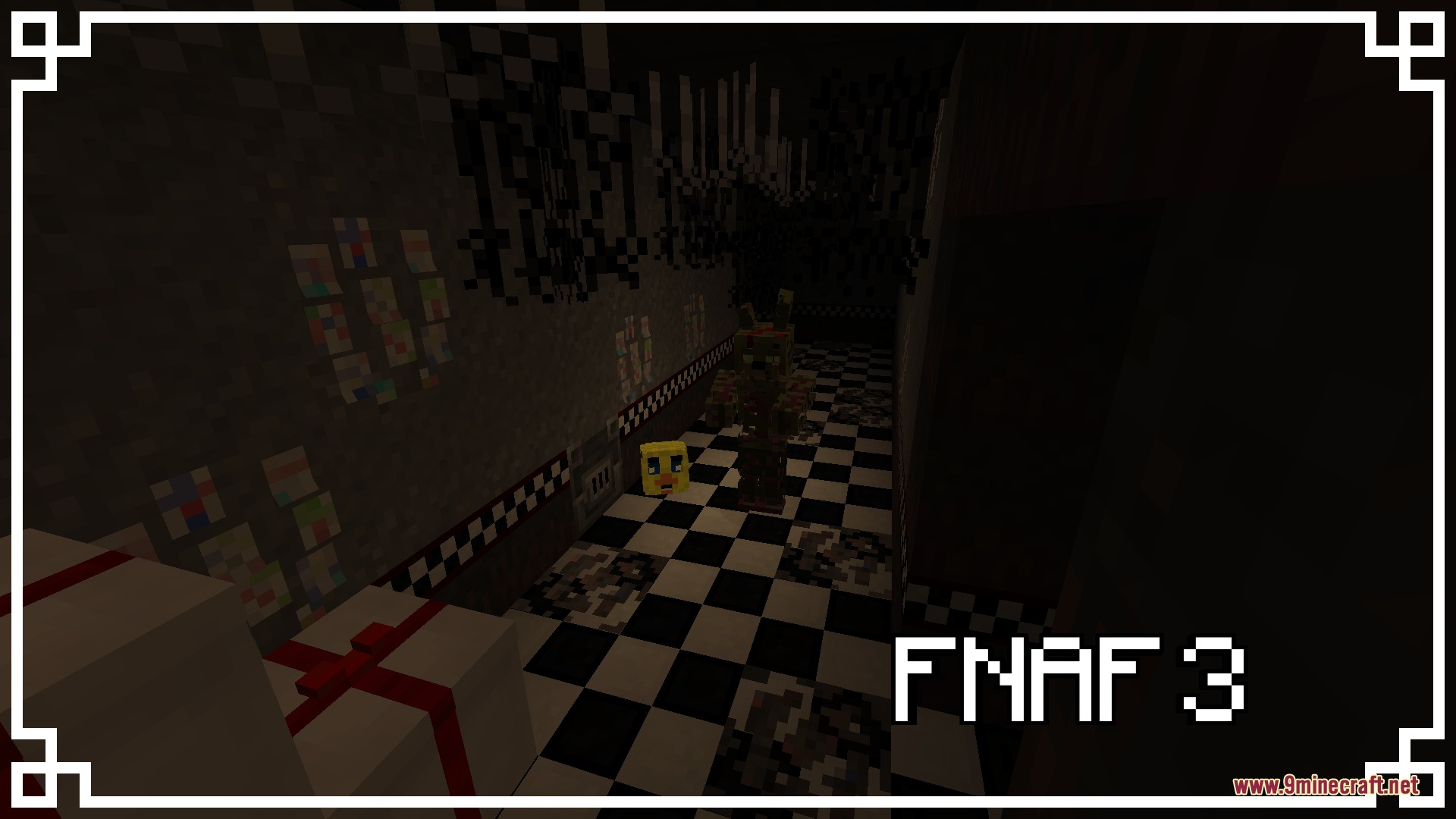 A dark Minecraft hallway with checkered floors and a creepy animatronic robot