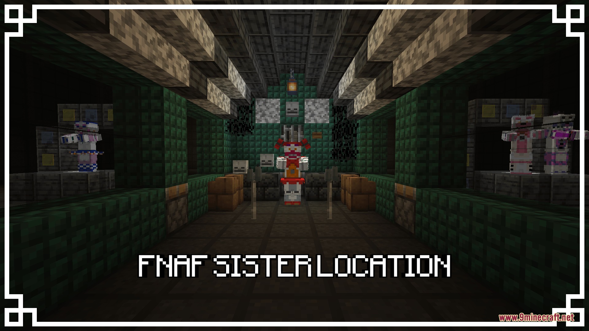 Animatronic characters stand inside a dark green control room from the Sister Location