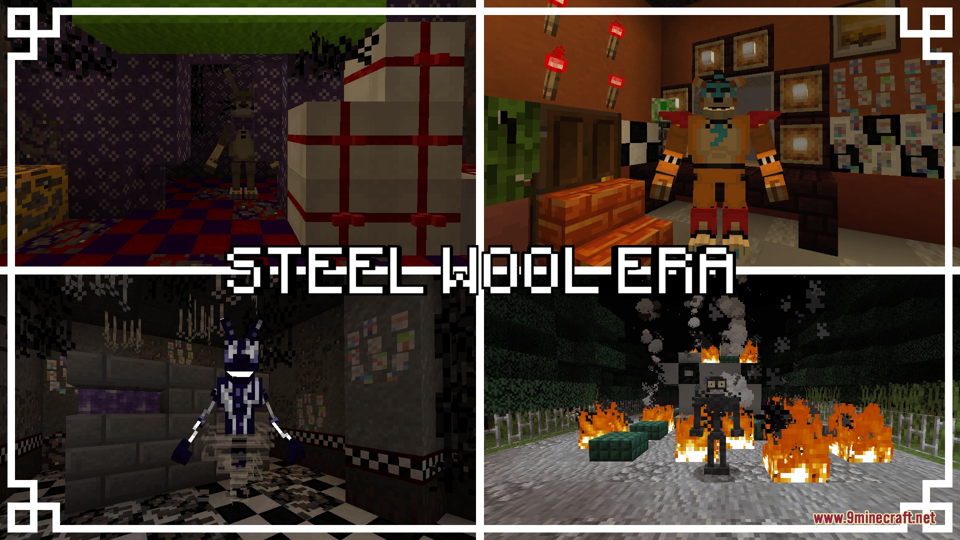 A collage of four scenes featuring different animatronics in custom Minecraft rooms