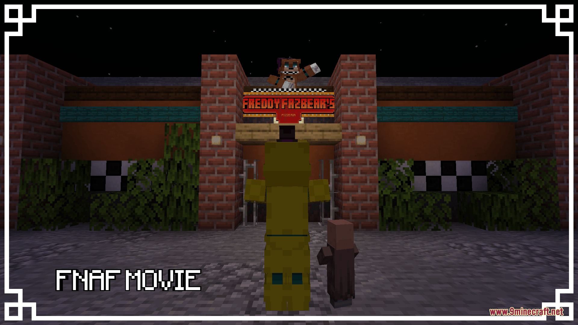 Golden Freddy and a child villager stand in front of the movie pizzeria