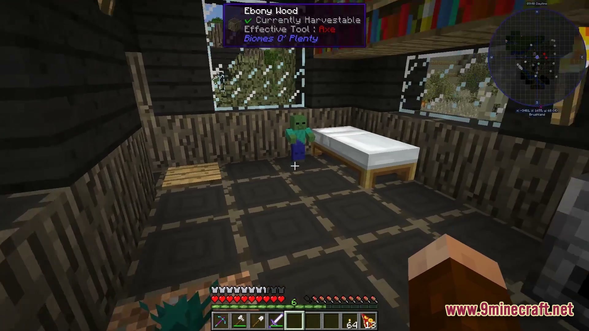 The Fool Modpack Screenshot 1 A baby zombie stands inside a wooden house containing a bed and bookshelves