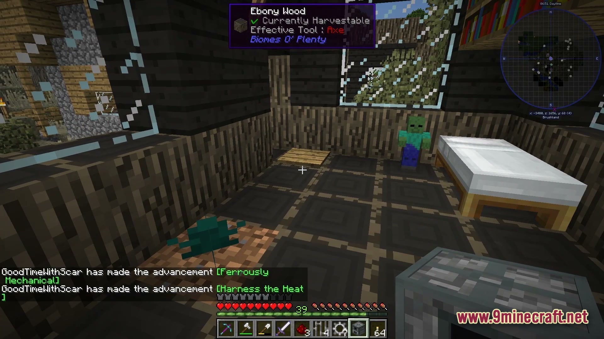 The Fool Modpack Screenshot 2 Interior of a wooden house featuring a bed, a small zombie, and Ebony Wood walls