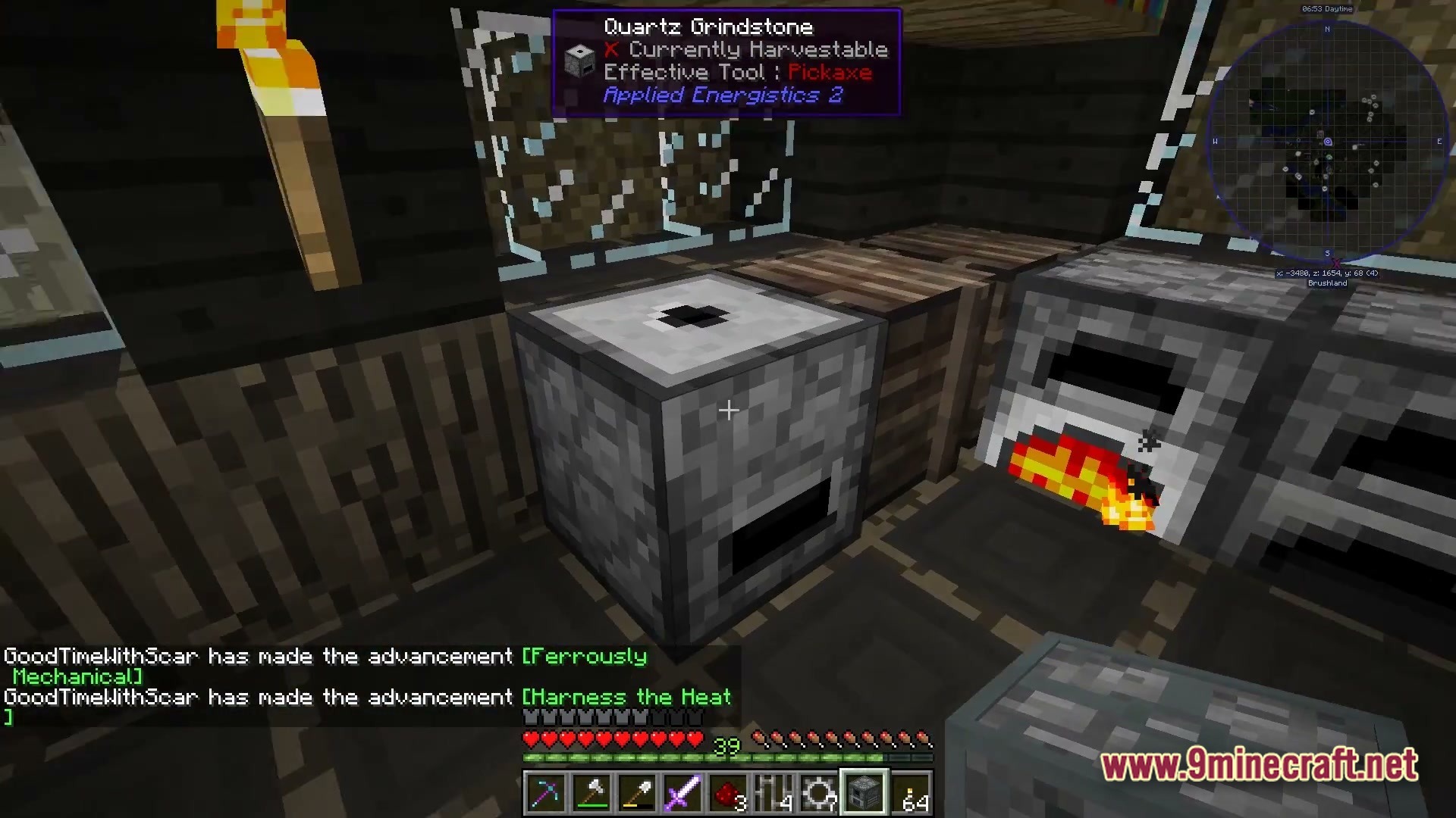 The Fool Modpack Screenshot 3 A Quartz Grindstone from Applied Energistics 2 placed next to a lit furnace inside a wooden base