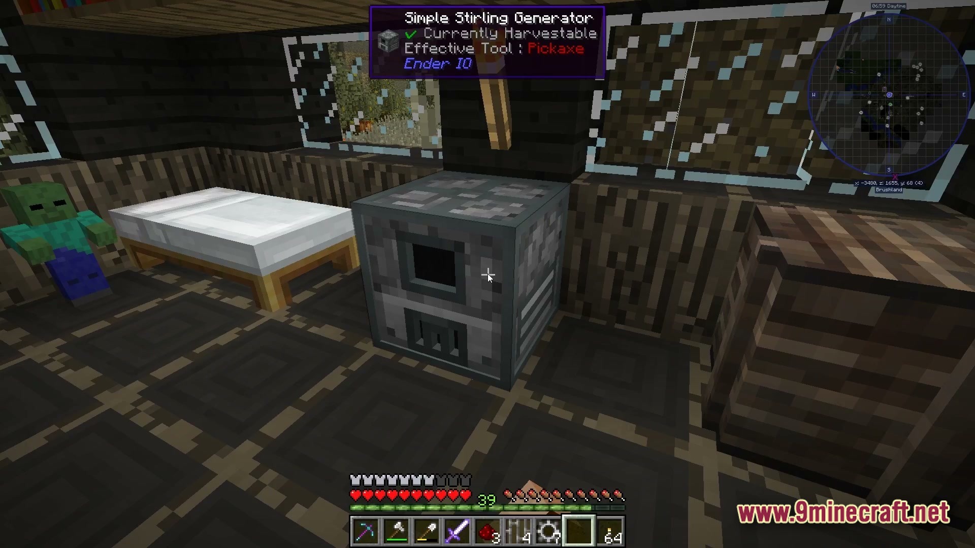 The Fool Modpack Screenshot 5 A Simple Stirling Generator from Ender IO placed inside a wooden house with a zombie nearby
