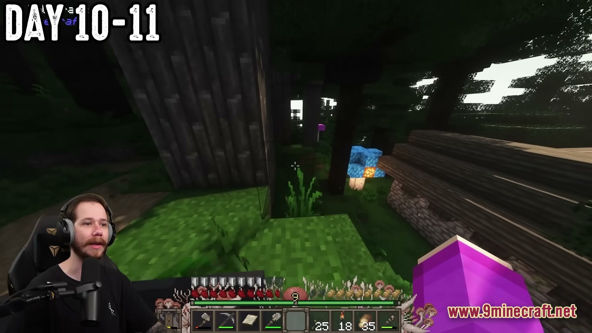 The Fungal Infection Co Op Base Defense Modpack Screenshot 1 A player explores a dark forest biome featuring glowing blue mushrooms and a small stone structure