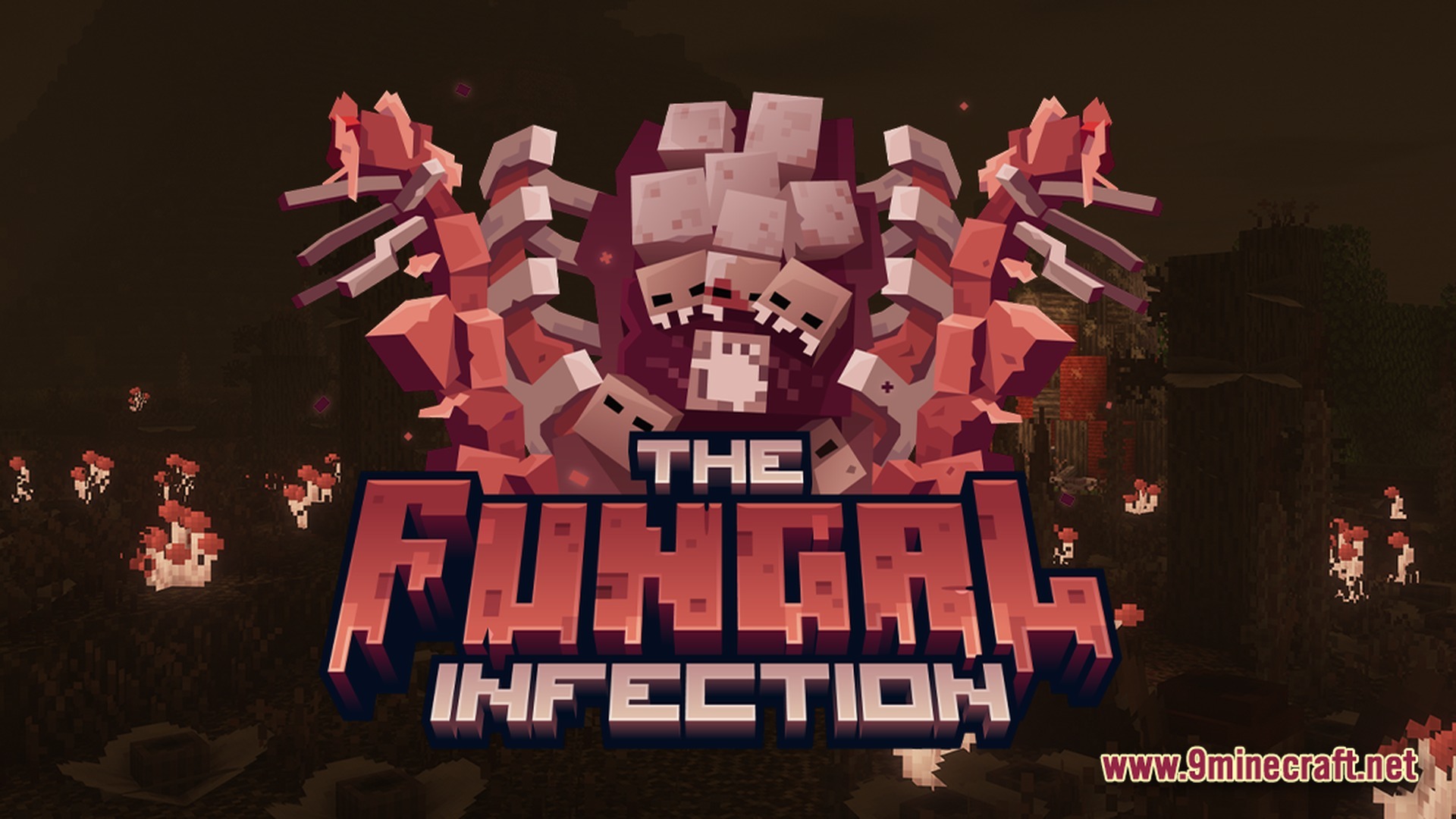 The Fungal Infection Co Op Base Defense Modpack Screenshot 10 A large mutated fungal creature stands in a dark, infected Minecraft landscape filled with mushrooms