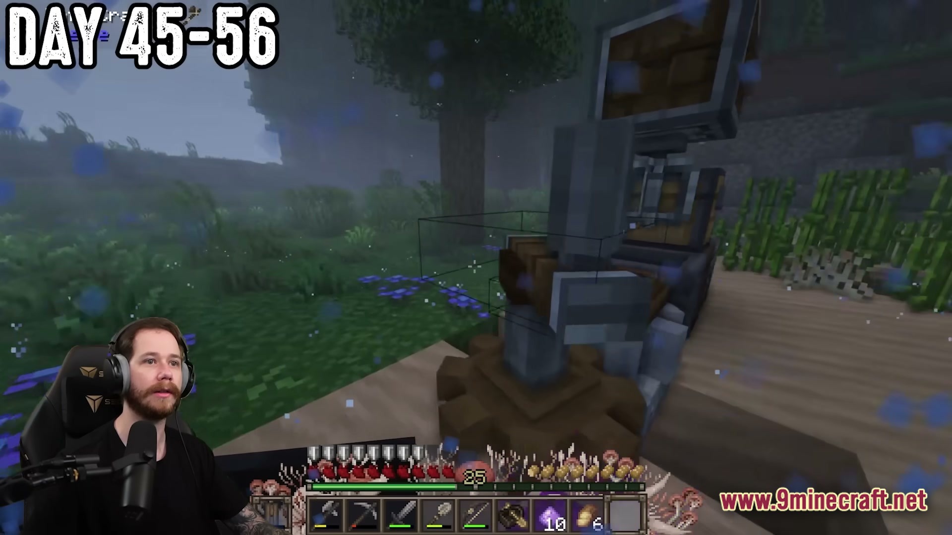 The Fungal Infection Co Op Base Defense Modpack Screenshot 4 A player stands near a mechanical Create mod contraption in a foggy, infected forest biome