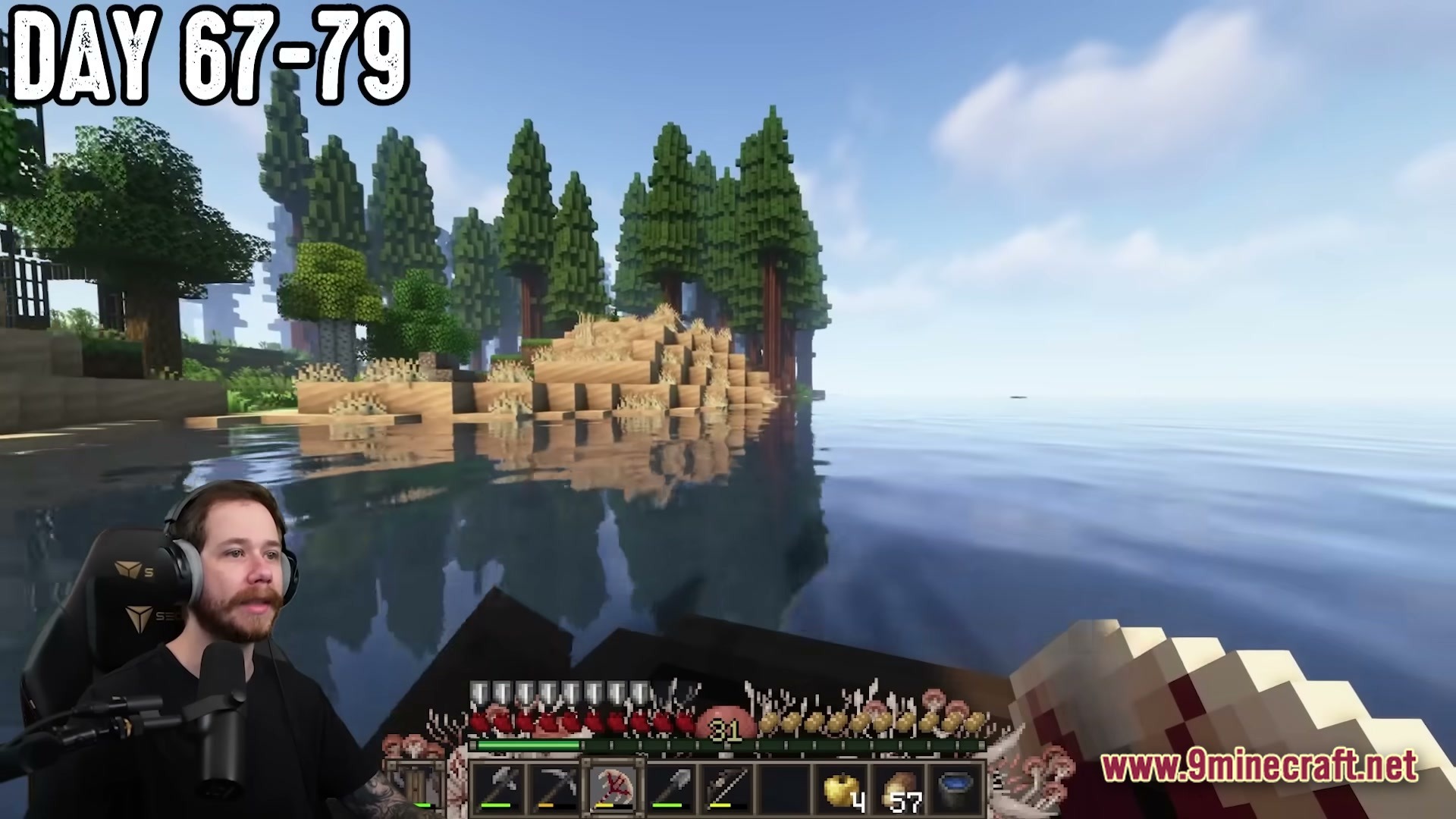 The Fungal Infection Co Op Base Defense Modpack Screenshot 5 A player navigates a boat across a lake toward a redwood forest biome with shaders enabled