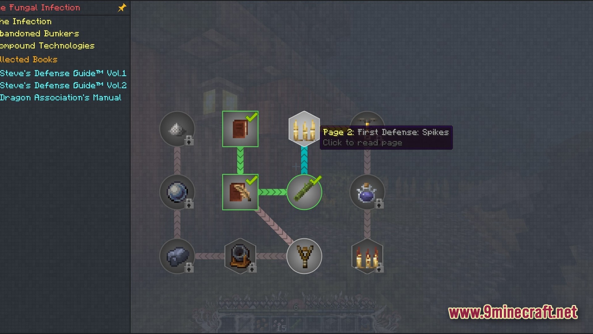 The Fungal Infection Co Op Base Defense Modpack Screenshot 7 A quest menu interface displaying a branching progression tree for defense technologies and guidebooks