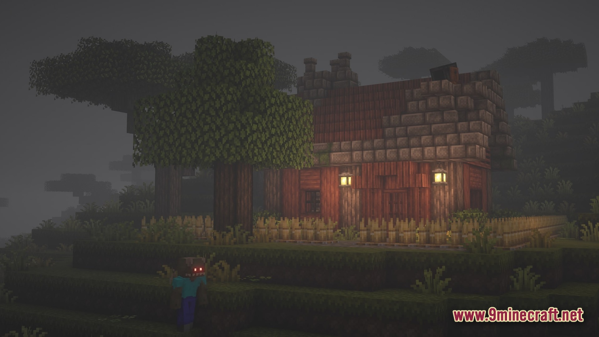 The Fungal Infection Co Op Base Defense Modpack Screenshot 8 An infected mob with glowing red eyes stands near a wooden house in a foggy forest