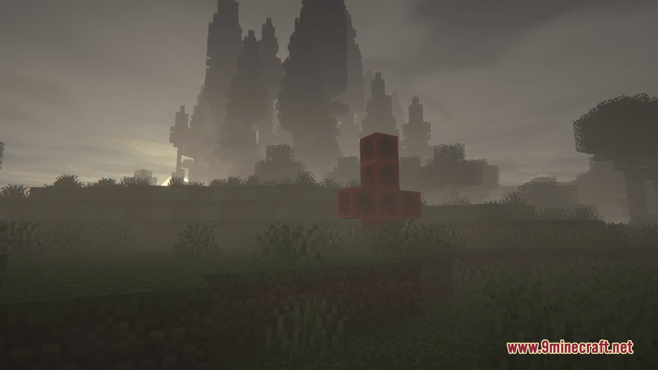 A creepy red cross structure spawns in a dark and foggy landscape