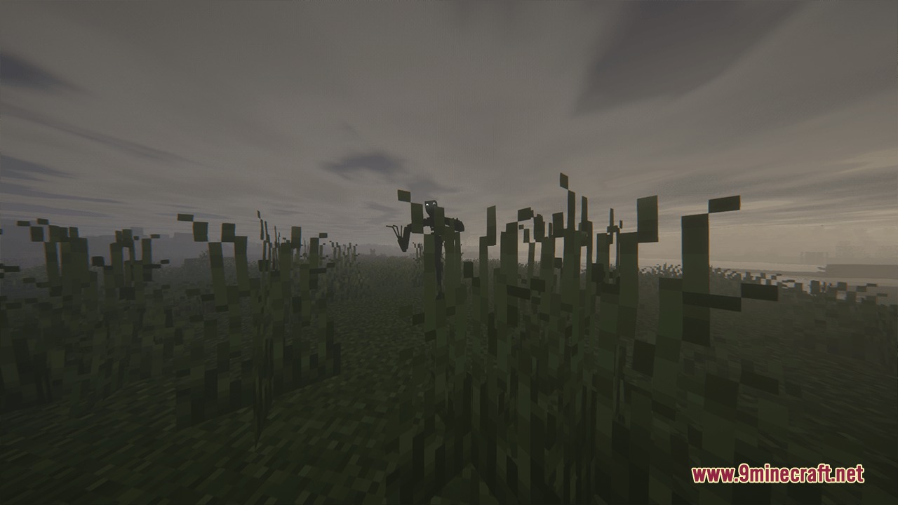 A tall dark monster stalks from a distance in a foggy field