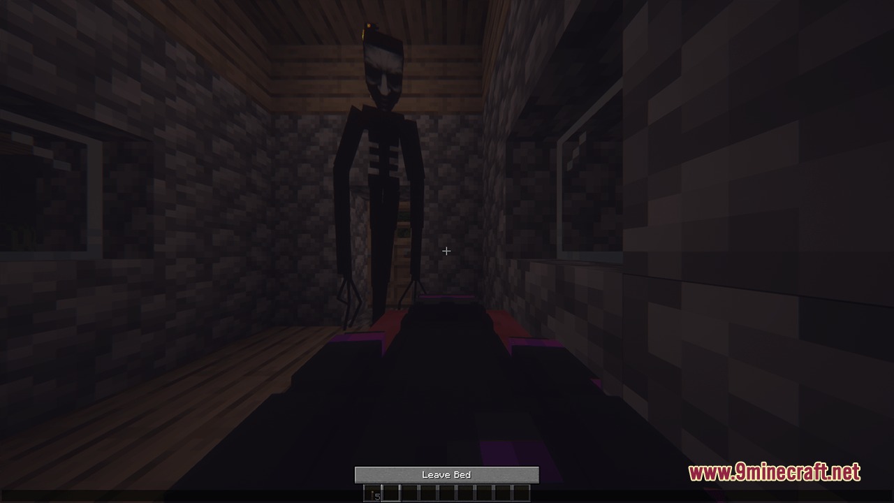 The Harasser creature looms over a player lying in bed inside a house