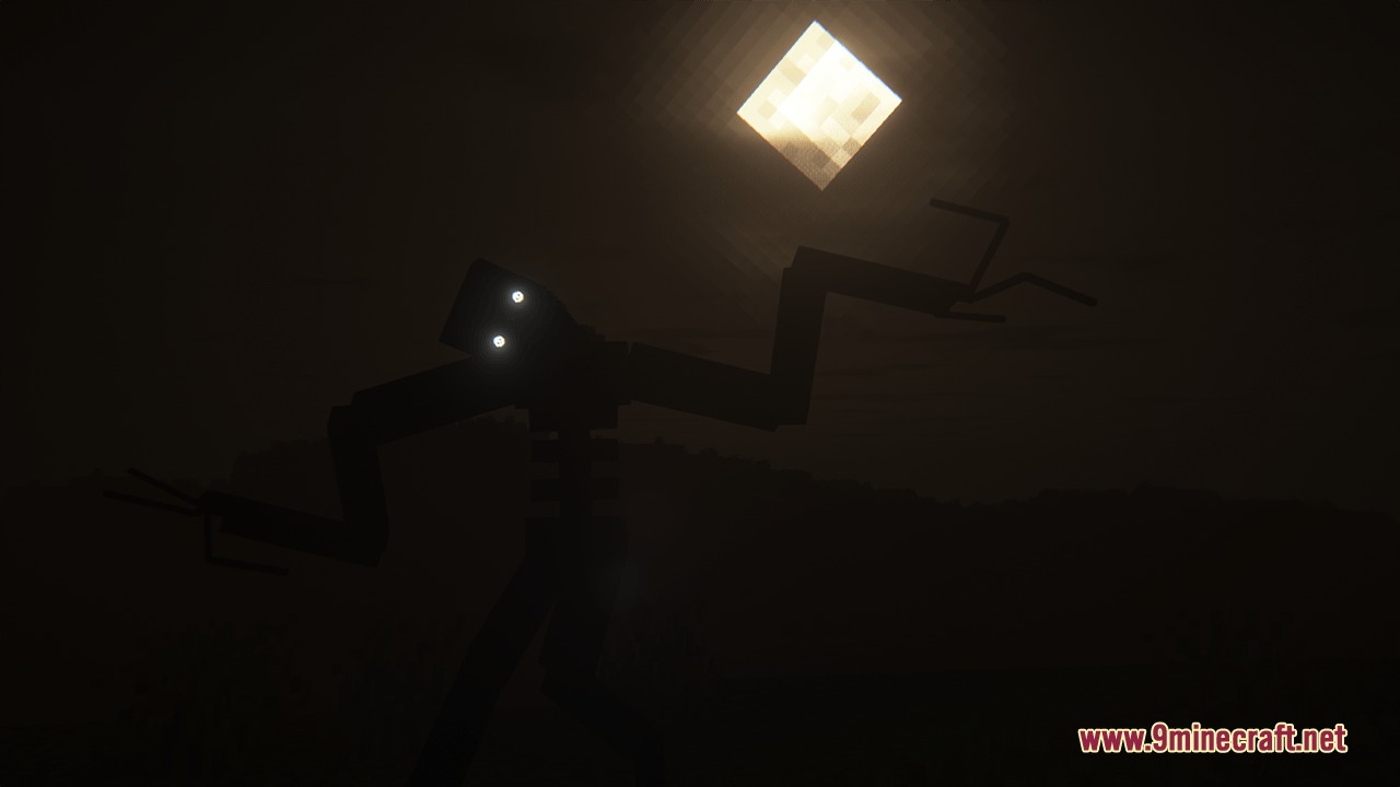 A giant dark creature with glowing eyes reaches for the moon at night